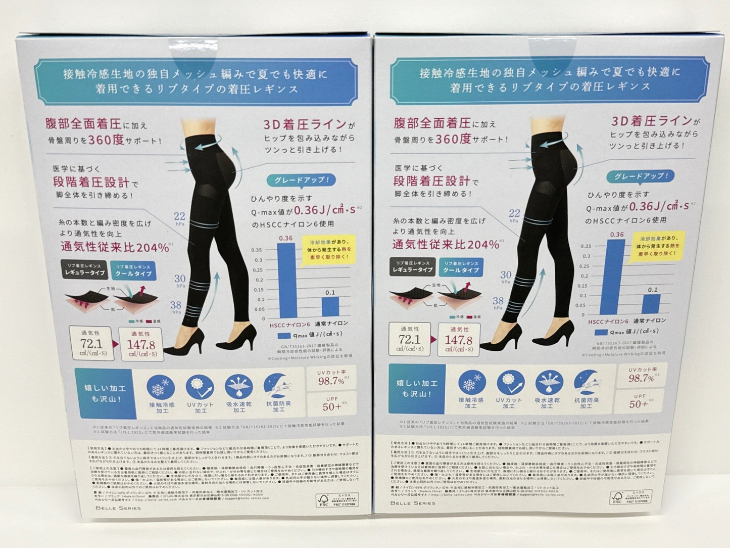 C840 BELLE SERIES ベルシリーズ リブ着圧レギンス クールタイプ ブラック XLサイズ 2個セット