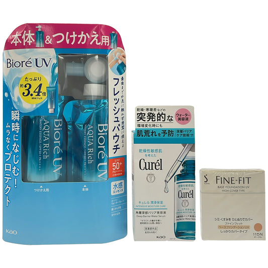 Z000 花王 キュレル美容液Pa 30ml & ビオレUVアクアリッチウォーターリーエッセンスr 本体120g&つけかえ用120g & ソフィーナ ファインフィット ファンデーションUV しっかりカバータイプM 115N レフィル 10g 計3個セット　ラスト1点！