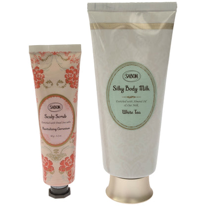 Z000 SABON ヘッド スカラブ リプレニッシング 90g & シルキーボディ ミルク ホワイトティー 200mL 2個セット